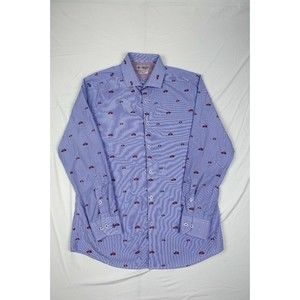Penguin Casual Shirt Adult 16 32/33 Button Up Long Sleeves Blue W/ Car Print Men